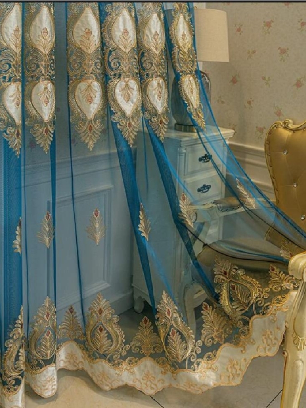 Blue Sheer Embroidered Window Curtains Set Of 2 Panels Each Panel 51" W 84" L